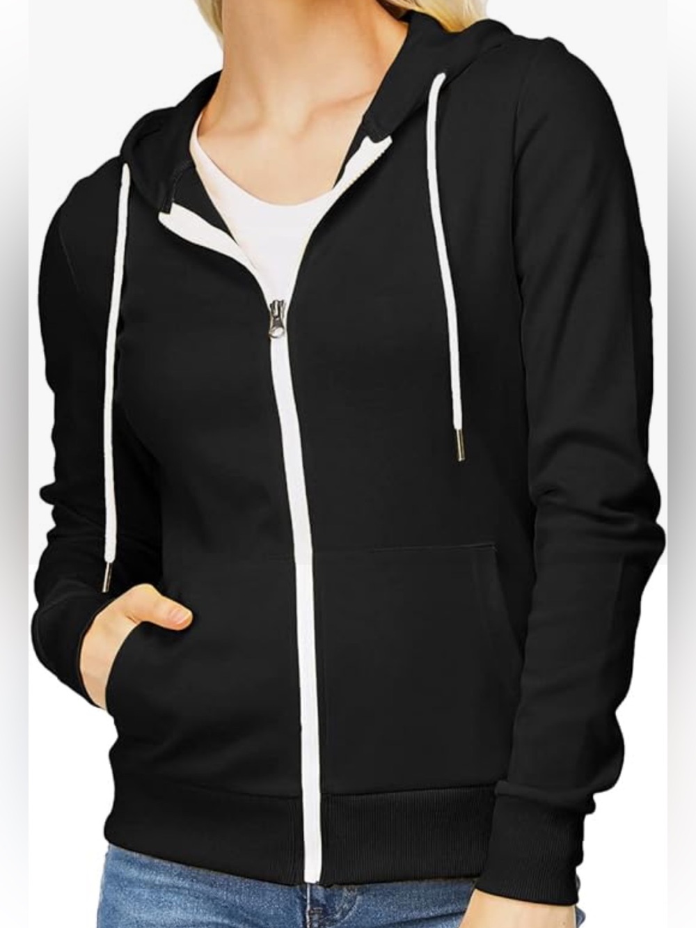 H2H Womens Black Full Zip Hoodie Sweatshirt Size Small S White Contrast Tie Trim
